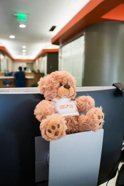 Stuffed bear sitting near the entrance of a GoHealth UC center